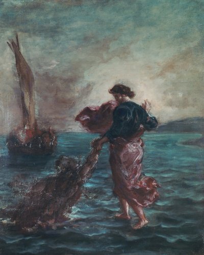 Christus loopt op water en reikt zijn hand uit om Sint-Petrus te redden door Ferdinand Victor Eugene Delacroix